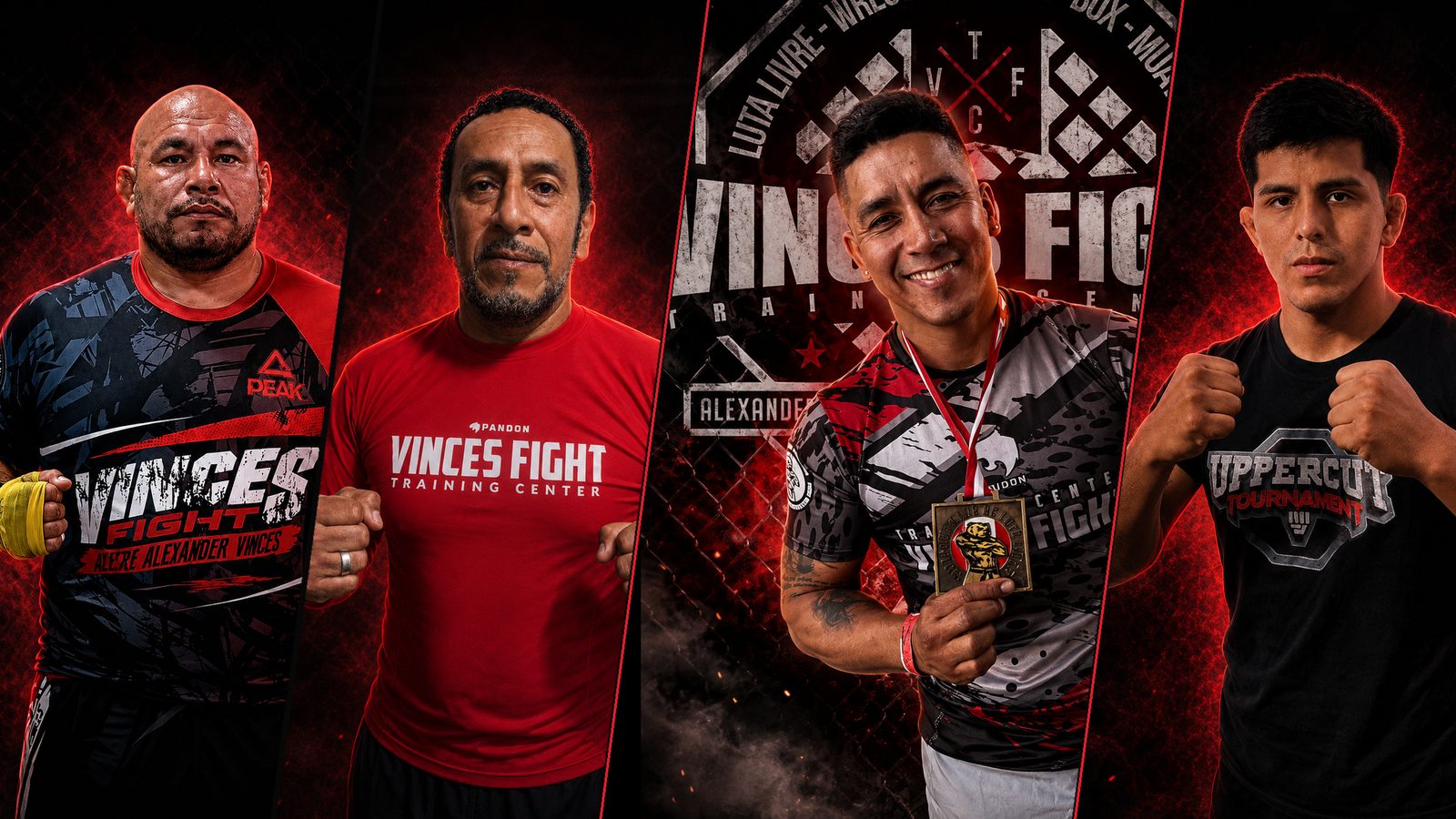 Cartel del equipo de Vinces Fight: al centro, el fundador Alexander «Gallo Negro» Vinces; a los costados, los entrenadores Ronald Valverde, Edison León y Diego Segovia