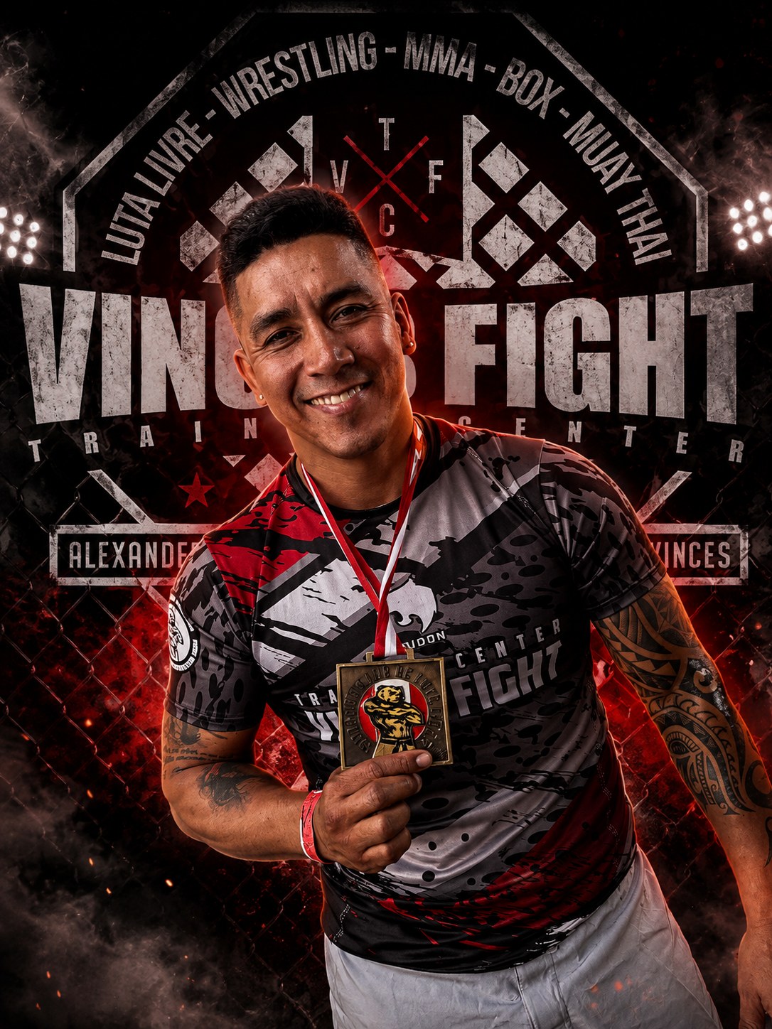 Alexander Vinces Paiva «Gallo Negro», fundador de Vinces Fight Team, sonríe con una medalla frente al escudo de la academia